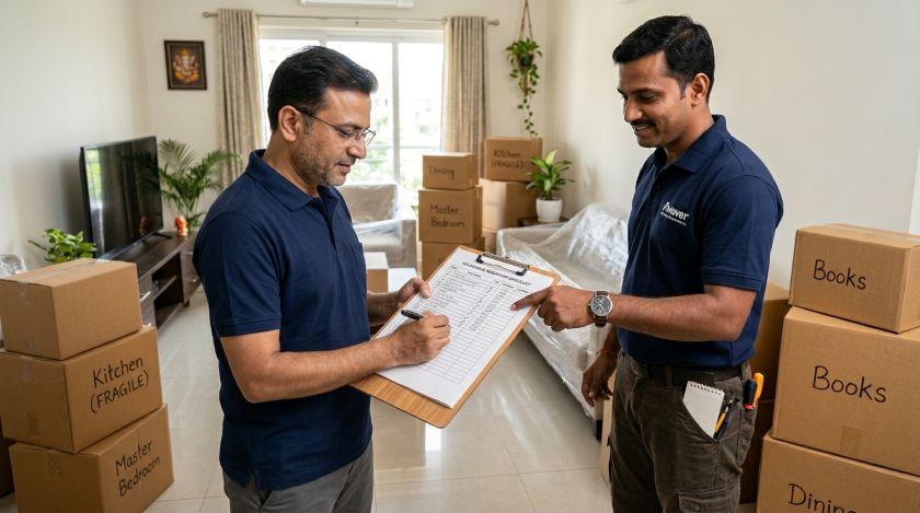 Mover and homeowner reviewing and signing a printed inventory checklist of household items before packing begins