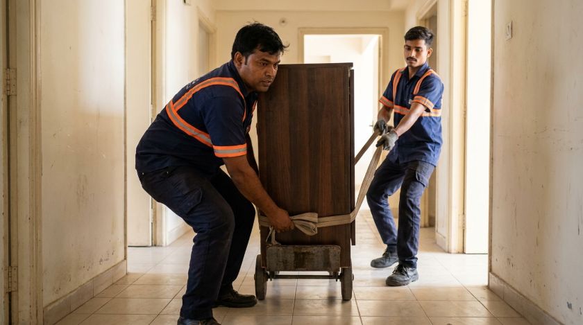 Two movers using a dolly and lifting straps to safely move a heavy wardrobe