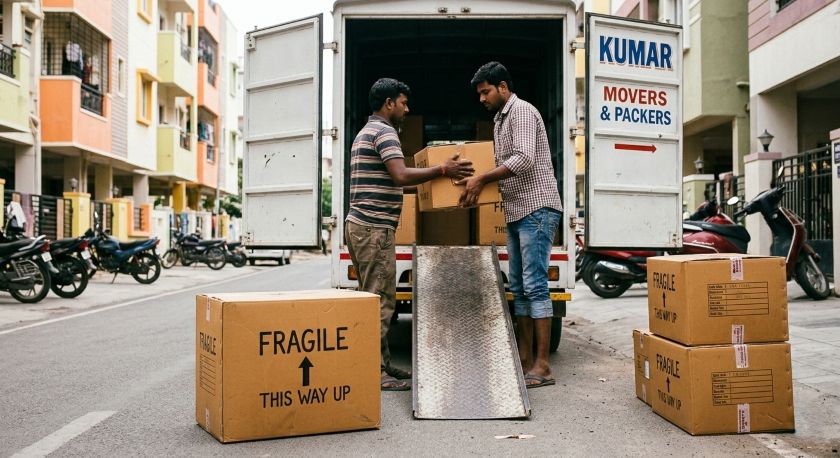 Labelled kitchen carton boxes with fragile markings being carefully loaded into a moving truck by packers and movers
