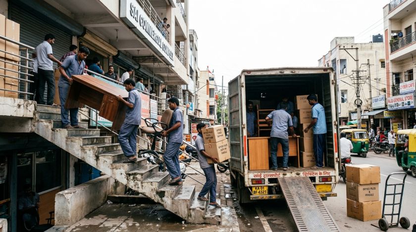 Two movers carrying office furniture down stairs and loading into a transport truck outside a commercial building