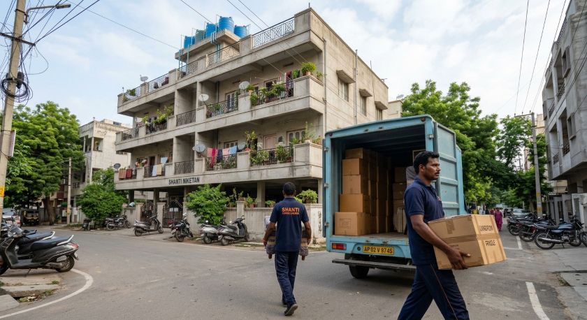 Professional movers carrying packed boxes into a moving truck outside an apartment building