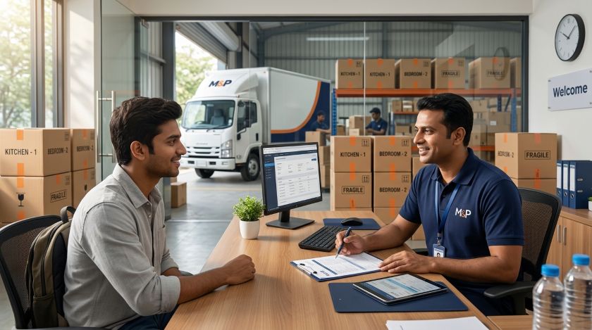 Customer speaking with a packers and movers staff member inside a company warehouse with branded vehicles parked outside