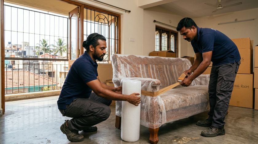 Movers wrapping furniture in bubble wrap during a house shift inside a Chennai apartment