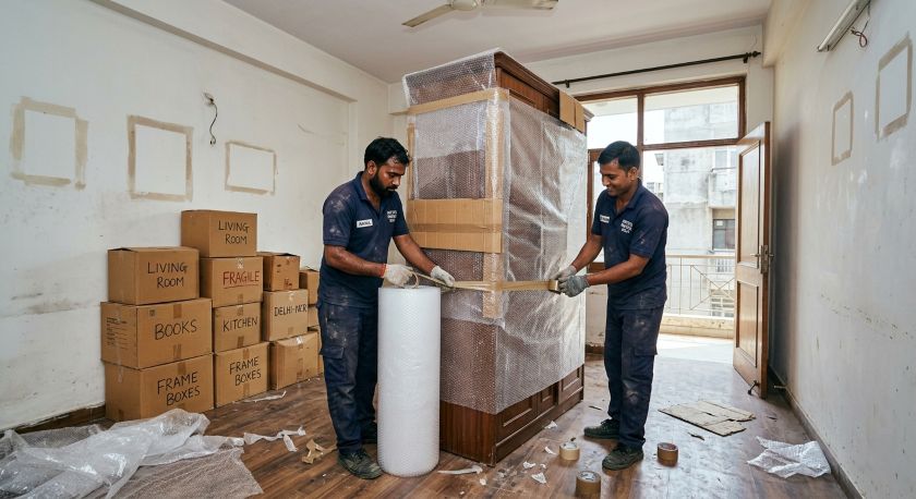 Movers wrapping furniture in bubble wrap during a house shift inside a Delhi apartment