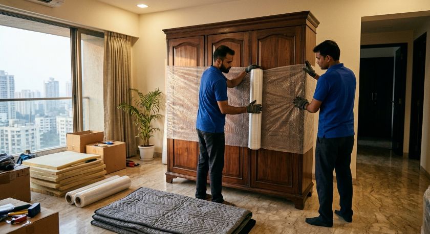 Movers wrapping furniture in bubble wrap during a house shift inside a Mumbai apartment