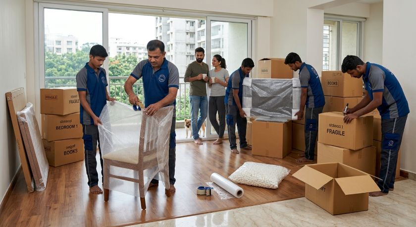 Movers wrapping furniture in bubble wrap during a house shift inside a Bangalore apartment