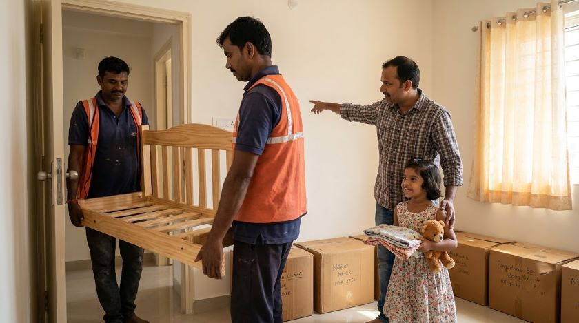 Movers in navy-and-orange uniforms carrying a child's bed into a new bedroom while the father and daughter point to where it should go