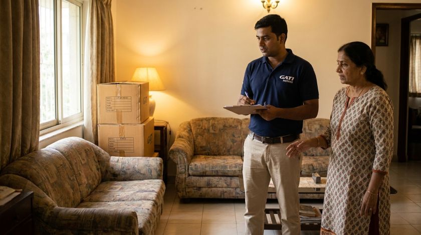 Mover noting down furniture and appliance details on a clipboard while walking through a home during a shifting survey