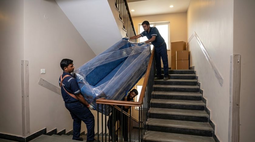 Professional movers carrying a wrapped wardrobe up a building staircase