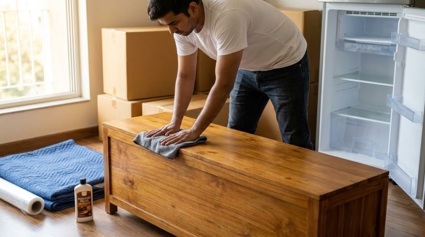 Two movers wrapping a wooden bookshelf in thick moving blankets and securing with stretch wrap before loading into a warehouse