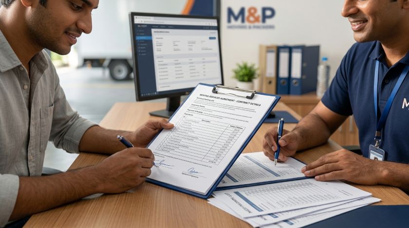 Customer and packers and movers representative reviewing and signing an itemized moving contract at a table