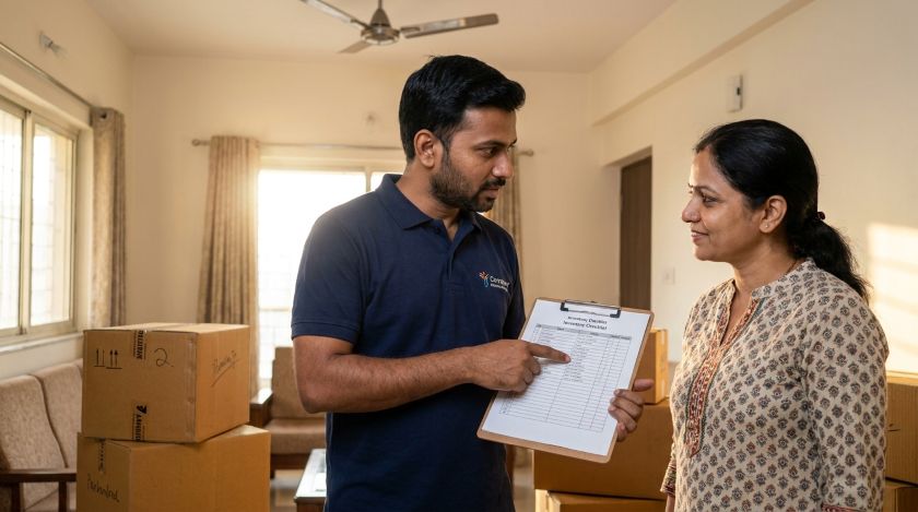 A moving company representative reviewing a checklist with a homeowner before the move