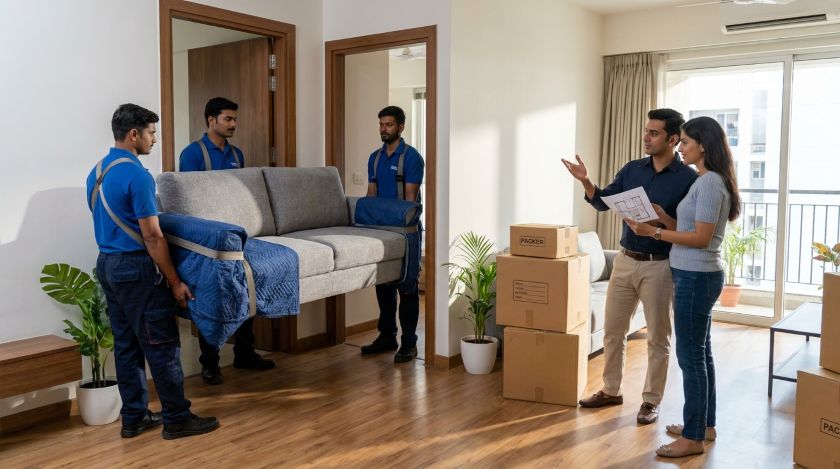 Two movers carefully carrying a large sofa through a doorway during a home move