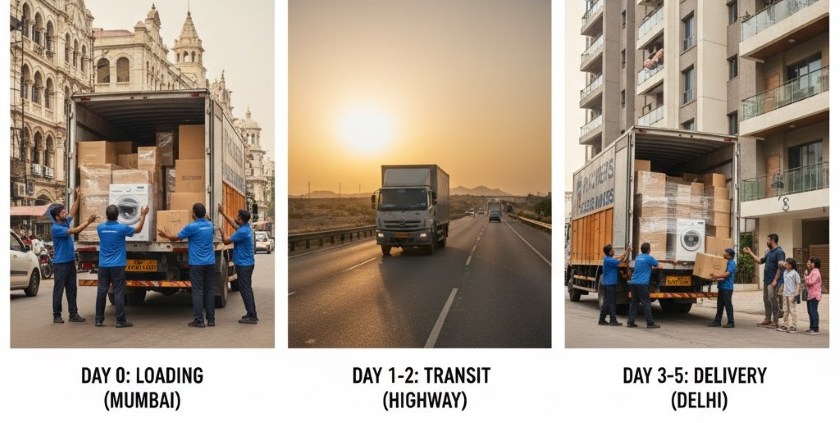 Typical 5-day moving timeline from Mumbai to Delhi with overnight stops