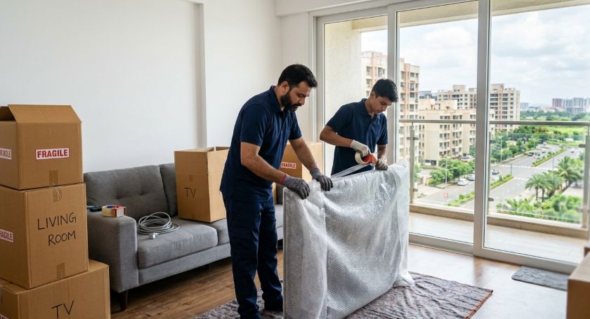 Professional packers bubble-wrapping a television set inside a Navi Mumbai apartment during a house shift