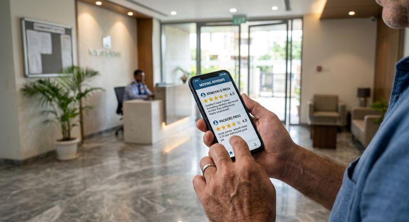 Person comparing star ratings of Navi Mumbai movers on smartphone before booking