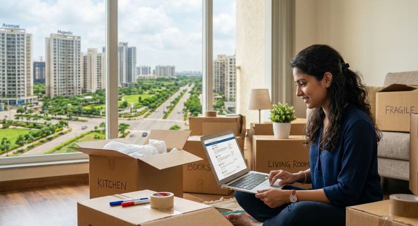 Customer checking packers and movers reviews on a laptop inside a modern Navi Mumbai apartment before booking a house shift