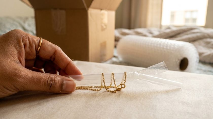 Thin gold necklace threaded through a drinking straw with the clasp closed to prevent tangling