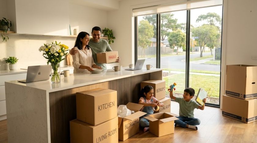 Family unpacking boxes in the kitchen of their new home on move-in day
