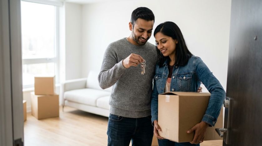 Couple receiving the keys to their new rented home abroad