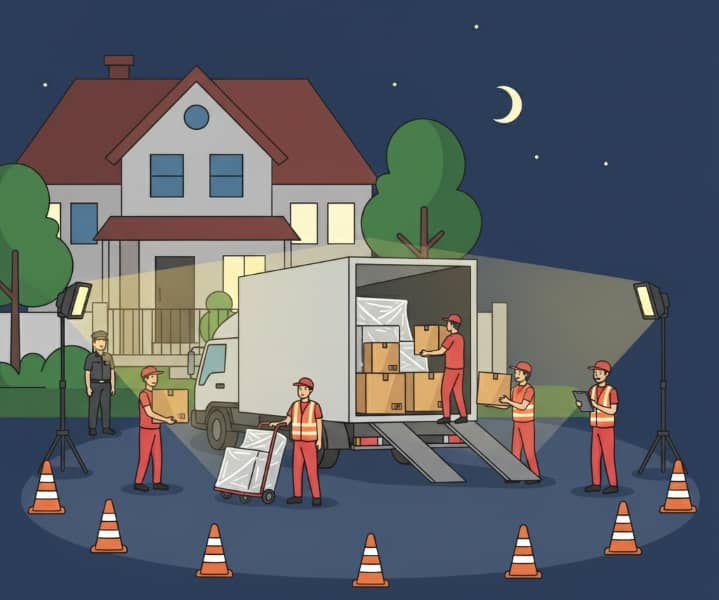 Safe night-loading setup with portable LEDs, cones, and reflective PPE