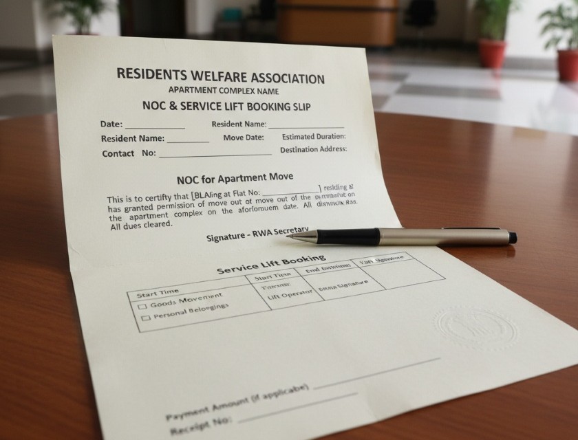 Sample society NOC and service lift booking slip for apartment move