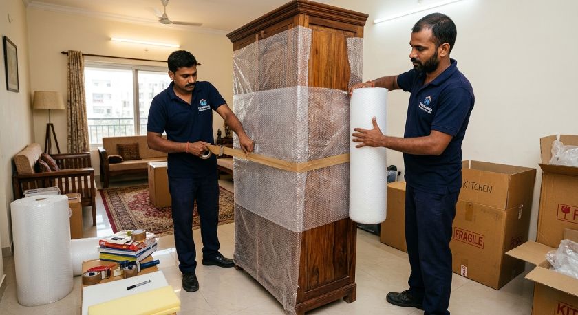Packers and movers wrapping furniture carefully inside a Noida high-rise apartment before house shifting