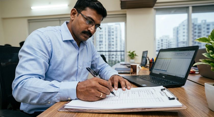 Verification officer checking documents of a Noida packers and movers company at their office
