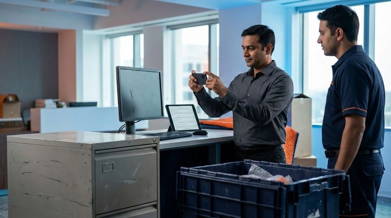 Indian corporate manager inspecting damaged office equipment during relocation claim documentation process
