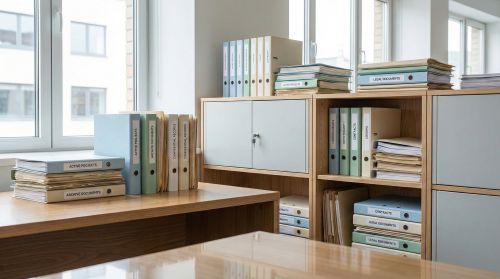 Organized office documents and files including active project files, archive documents, confidential records, contracts, and legal documents