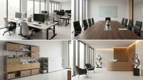 Office furniture including desks, chairs, workstations, conference tables, cabinets, shelving units, and reception furniture ready for moving