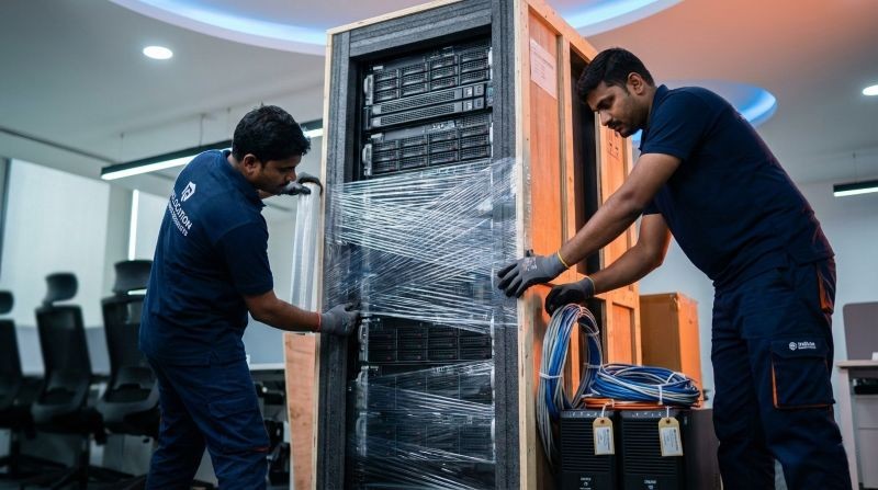 Indian professionals packing enterprise servers and IT equipment for office relocation transit insurance