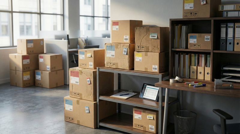 Boxes with clear labels showing box numbers, department names, contents description, destination room information, and fragile markings for office relocation