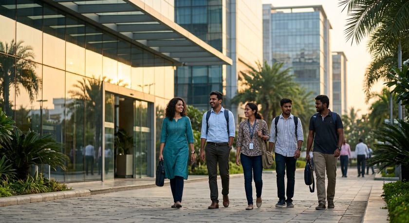 IT professionals entering a glass office campus along Chennai's OMR corridor