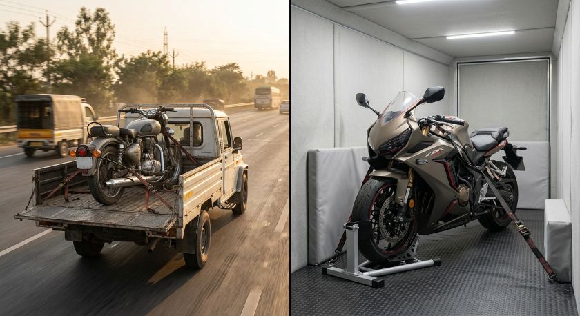Comparison of open carrier and enclosed carrier motorcycle transport safety in India