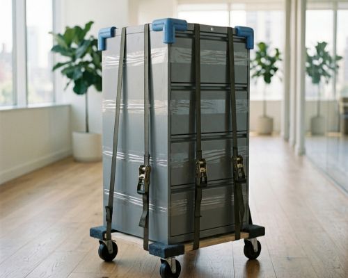 Filing cabinet with drawers taped shut, strapped onto a moving dolly