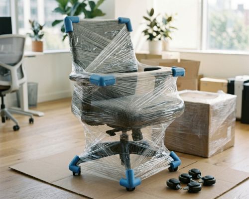 Office chair wrapped in stretch film with its caster wheels detached beside it
