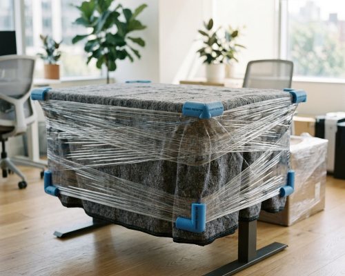 Office desk wrapped in a moving blanket with foam corner protectors on the edges