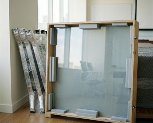 Glass desktop packed inside a foam-lined crate with padding separating the edges