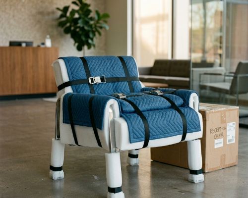 Leather lounge chair wrapped in a moving blanket with its metal legs padded separately