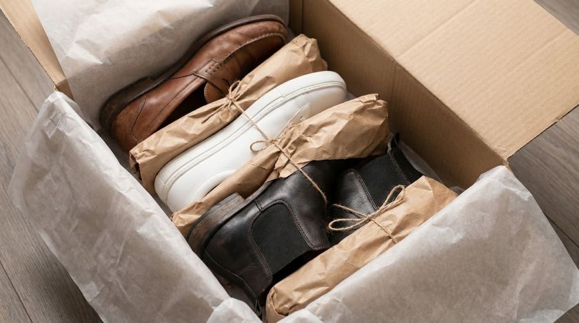 Pairs of shoes wrapped in paper and packed sole-to-sole in a box