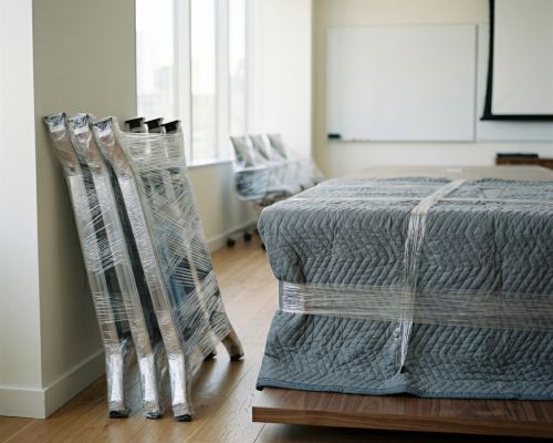 Disassembled conference table legs wrapped in stretch wrap beside a blanket-covered tabletop
