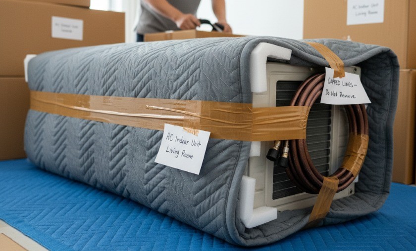 Labeled AC indoor unit with protected fins and capped ports