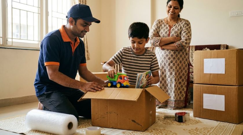 Packer in a navy-and-orange uniform helping a young boy pack his toys into his own moving box while his mother watches
