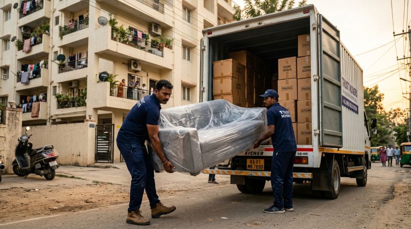 Packers loading sofa and boxes into a 19-foot truck outside a residential apartment in preparation for an intercity household move
