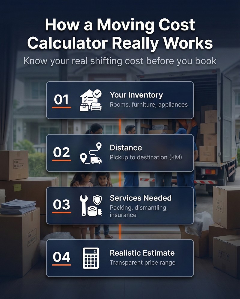 Step by step flowchart showing how a packers and movers cost calculator estimates moving charges based on inventory, distance and services