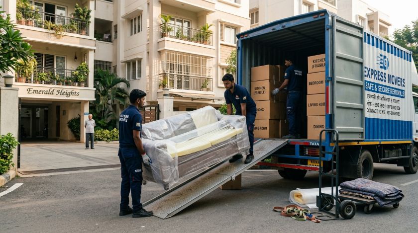 Packers and movers loading household furniture into a truck on a quiet weekday morning in a residential apartment