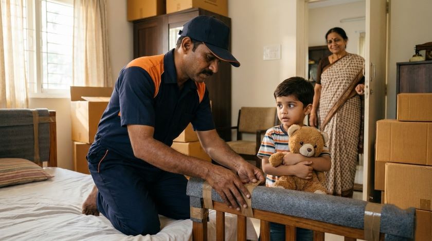 Packer in a navy-and-orange uniform carefully wrapping a child's bed while a young boy watches and holds his teddy bear on moving day