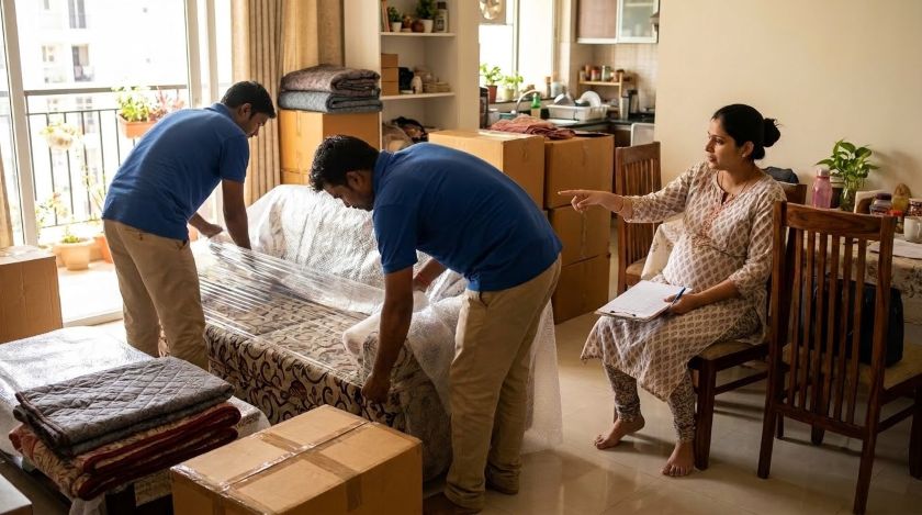 Packers wrapping a sofa in plastic in the living room while a pregnant woman sits on a chair with a checklist, guiding them