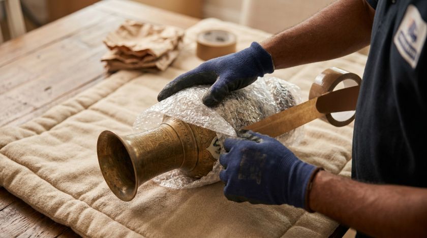 A mover wrapping a fragile antique vase in bubble wrap before packing
